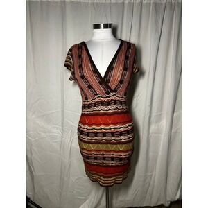 Knit Minded Womens Large Multi Color Chevron Stripe V-Neck Knit Mini Dress USA